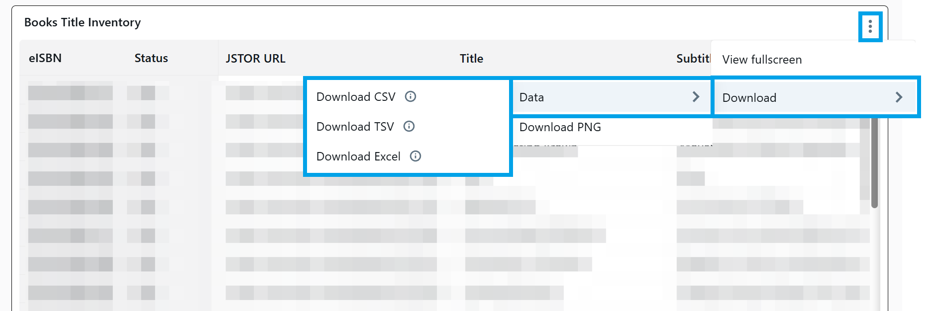 Download menu for books title inventory