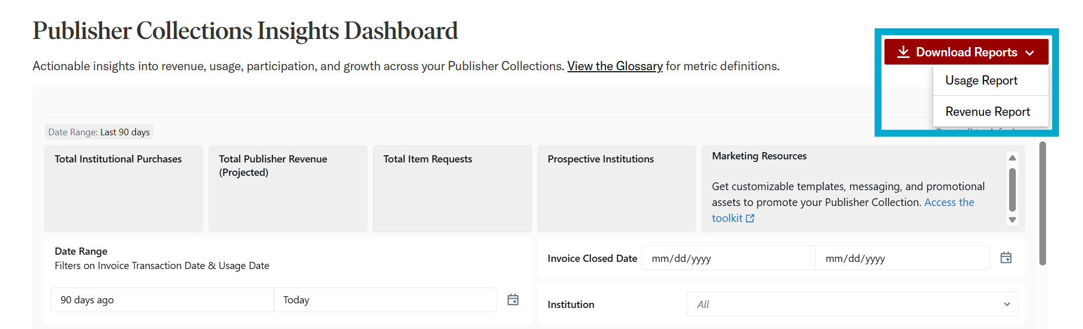 Download Reports drop-down menu options
